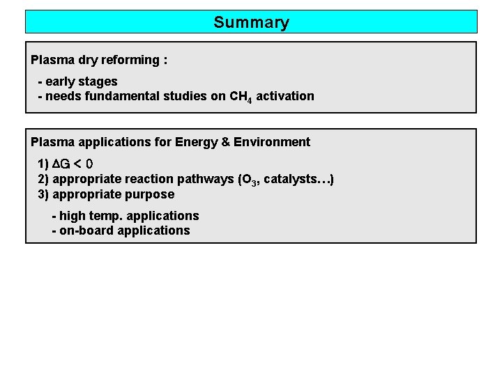 Summary Plasma dry reforming : - early stages - needs fundamental studies on CH