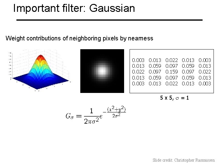 Important filter: Gaussian Weight contributions of neighboring pixels by nearness 0. 003 0. 013