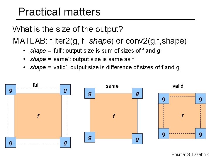 Practical matters What is the size of the output? MATLAB: filter 2(g, f, shape)