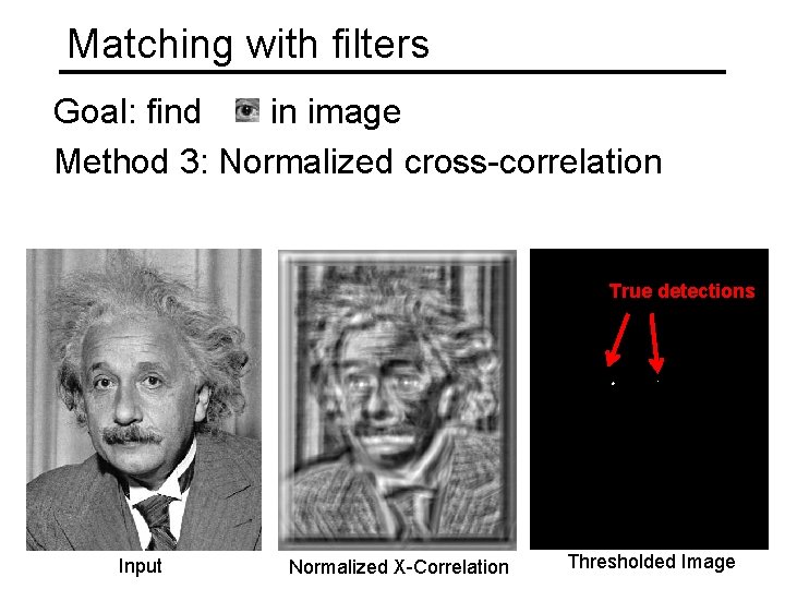 Matching with filters Goal: find in image Method 3: Normalized cross-correlation True detections Input