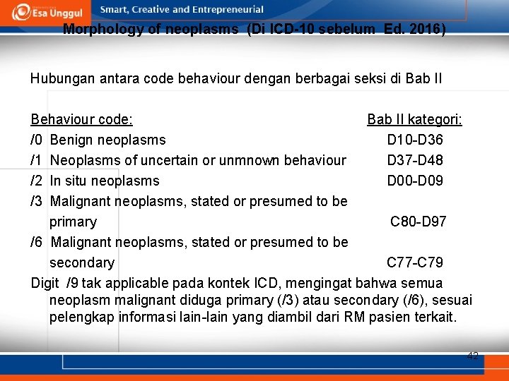 Morphology of neoplasms (Di ICD-10 sebelum Ed. 2016) Hubungan antara code behaviour dengan berbagai