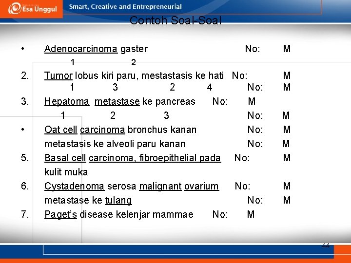 Contoh Soal-Soal • Adenocarcinoma gaster No: M Tumor lobus kiri paru, mestastasis ke hati
