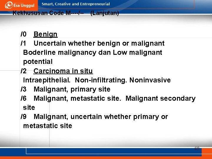 Kekhususan Code M----/-- (Lanjutan) /0 Benign /1 Uncertain whether benign or malignant Boderline malignancy