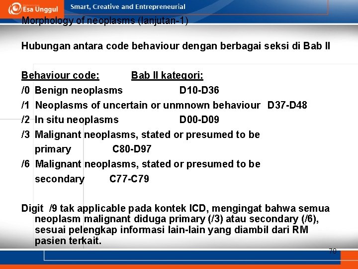 Morphology of neoplasms (lanjutan-1) Hubungan antara code behaviour dengan berbagai seksi di Bab II