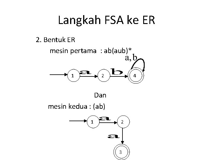 Langkah FSA ke ER 2. Bentuk ER mesin pertama : ab(aub)* 1 2 4