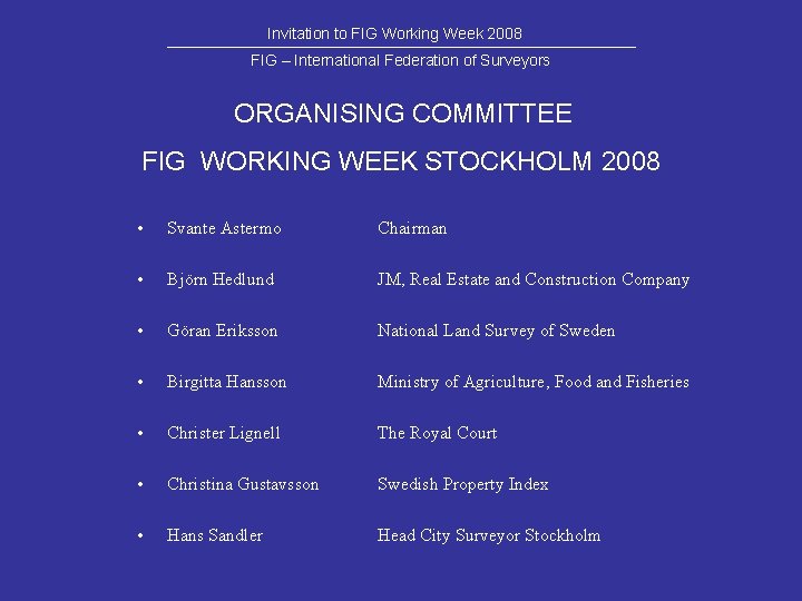 Invitation to FIG Working Week 2008 FIG – International Federation of Surveyors ORGANISING COMMITTEE