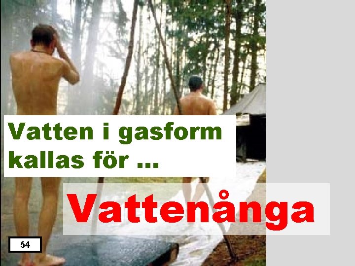 Vatten i gasform kallas för … Vattenånga 54 