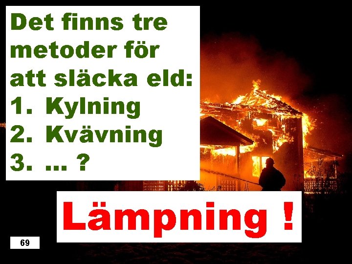 Det finns tre metoder för att släcka eld: 1. Kylning 2. Kvävning 3. …