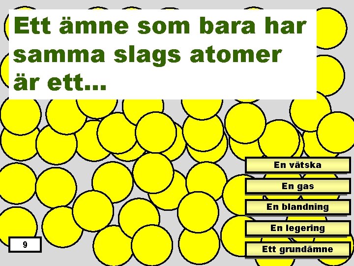 Ett ämne som bara har samma slags atomer är ett… En vätska En gas
