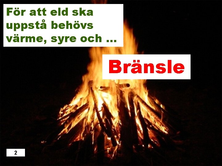 För att eld ska uppstå behövs värme, syre och … Bränsle 29 2 