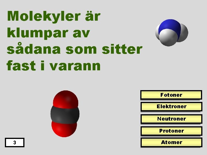 Molekyler är klumpar av sådana som sitter fast i varann Fotoner Elektroner Neutroner Protoner