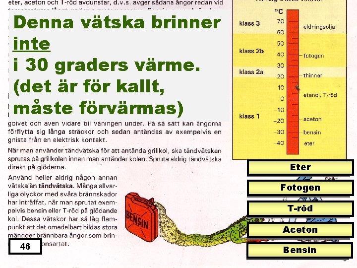 Denna vätska brinner inte i 30 graders värme. (det är för kallt, måste förvärmas)