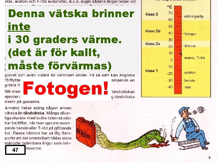 Denna vätska brinner inte i 30 graders värme. (det är för kallt, måste förvärmas)