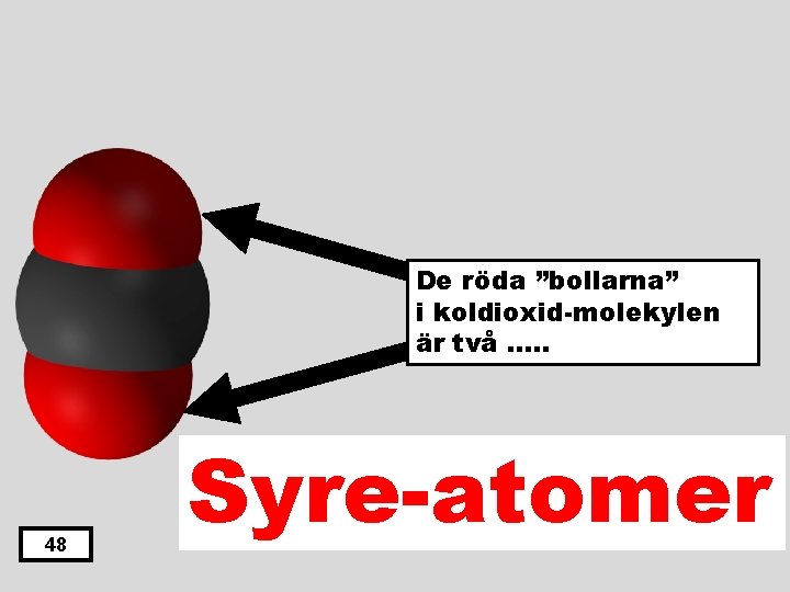 De röda ”bollarna” i koldioxid-molekylen är två …. . 48 Syre-atomer 