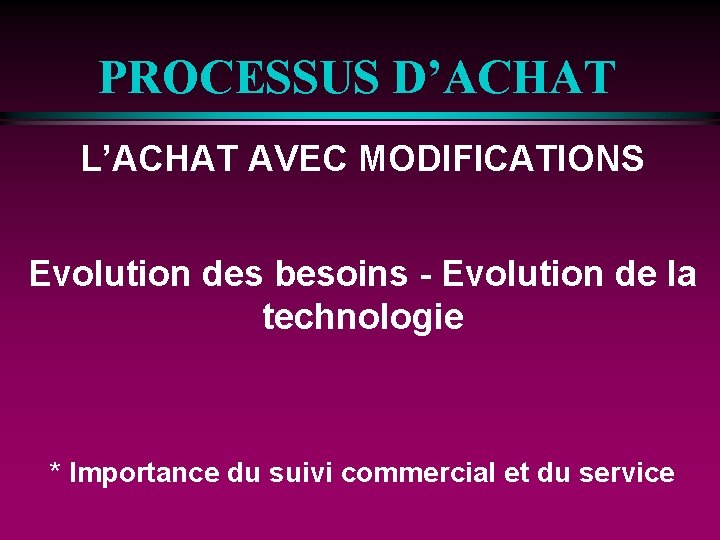 PROCESSUS D’ACHAT L’ACHAT AVEC MODIFICATIONS Evolution des besoins - Evolution de la technologie *