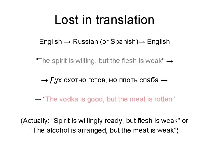 Lost in translation English → Russian (or Spanish)→ English “The spirit is willing, but