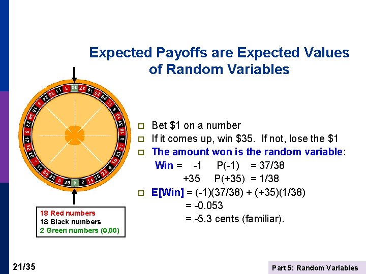 Expected Payoffs are Expected Values of Random Variables p p 18 Red numbers 18