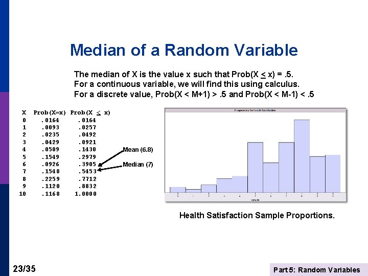 Median of a Random Variable The median of X is the value x such