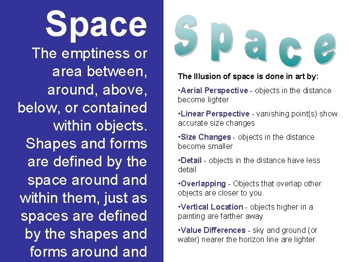 Space The emptiness or area between, around, above, below, or contained within objects. Shapes