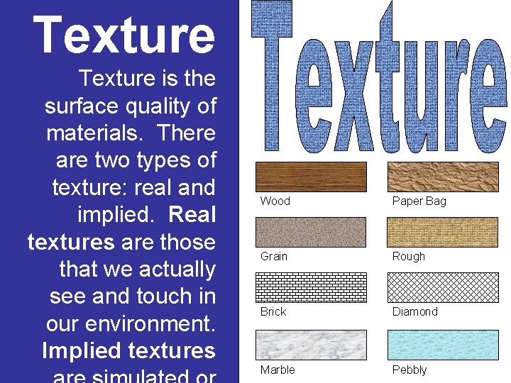 Texture is the surface quality of materials. There are two types of texture: real