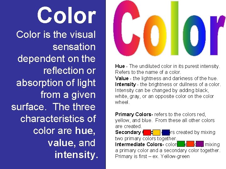 Color is the visual sensation dependent on the reflection or absorption of light from