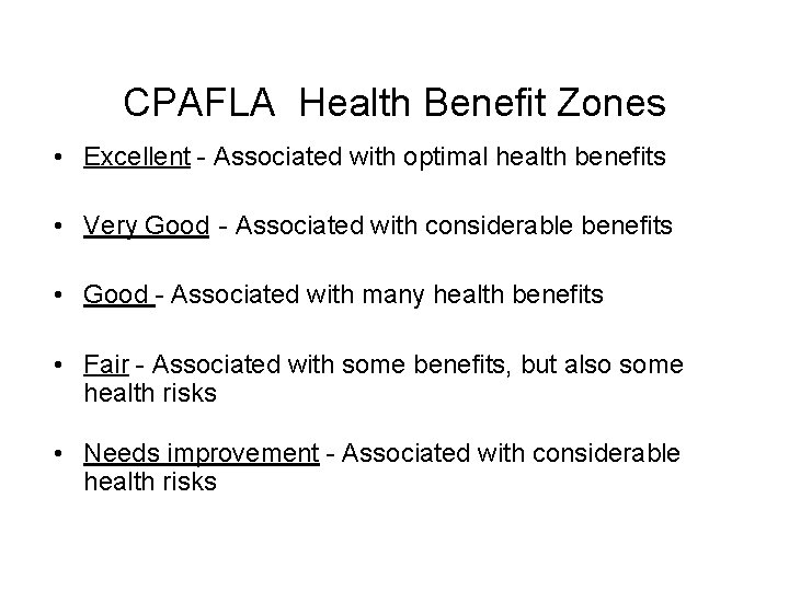 CPAFLA Health Benefit Zones • Excellent - Associated with optimal health benefits • Very CPAFLA Health Benefit Zones • Excellent - Associated with optimal health benefits • Very
