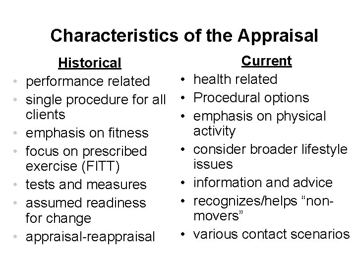 Characteristics of the Appraisal • • Historical performance related single procedure for all clients