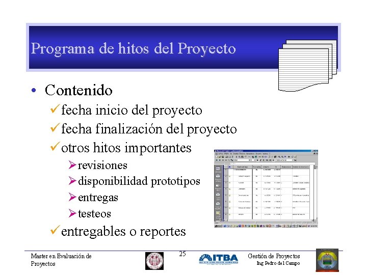 Programa de hitos del Proyecto • Contenido üfecha inicio del proyecto üfecha finalización del
