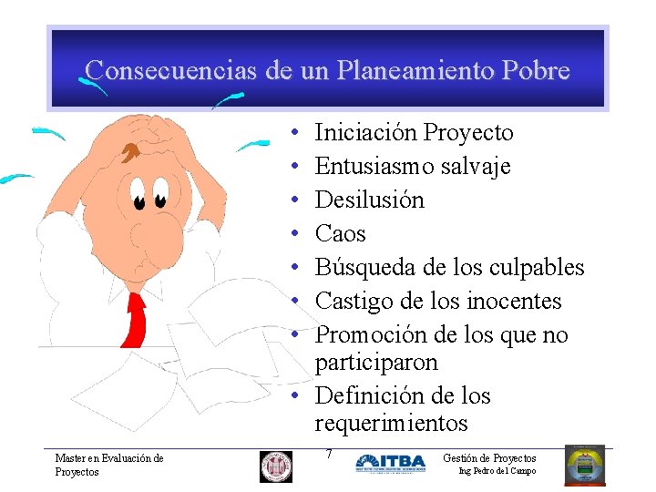 Consecuencias de un Planeamiento Pobre • • Iniciación Proyecto Entusiasmo salvaje Desilusión Caos Búsqueda