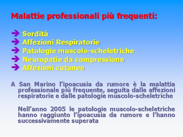 Malattie professionali più frequenti: è Sordità è Affezioni Respiratorie è Patologie muscolo-scheletriche è Neuropatie