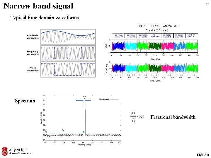 Narrow band signal 12 Typical time domain waveforms Spectrum Fractional bandwidth EMLAB 