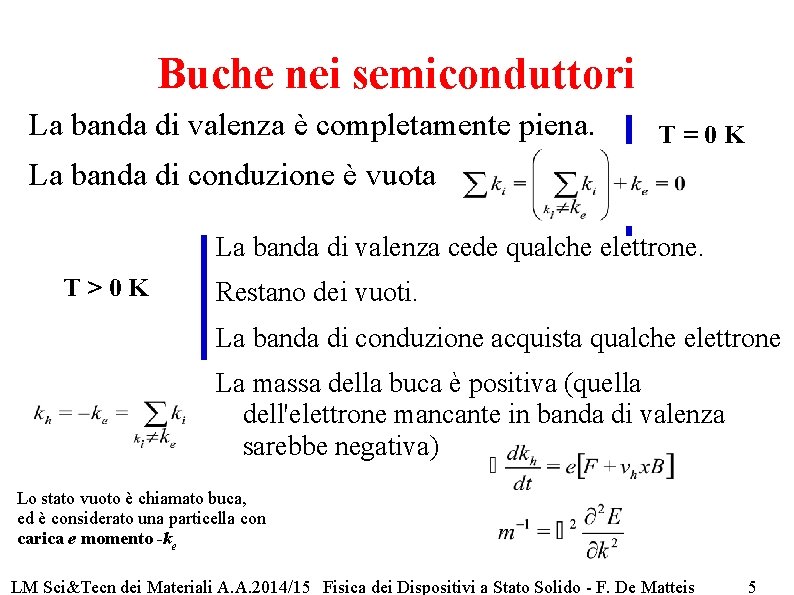 Buche nei semiconduttori La banda di valenza è completamente piena. T=0 K La banda