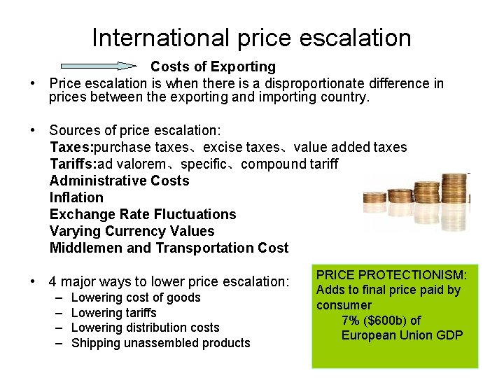International price escalation Costs of Exporting • Price escalation is when there is a