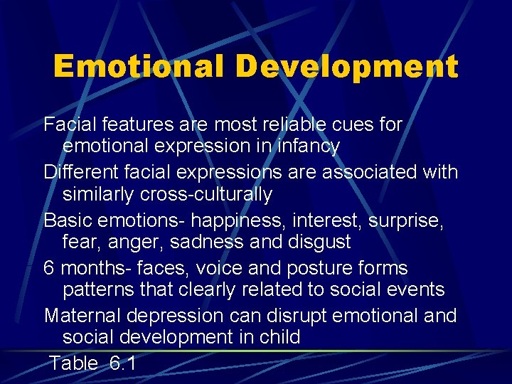 Emotional Development Facial features are most reliable cues for emotional expression in infancy Different