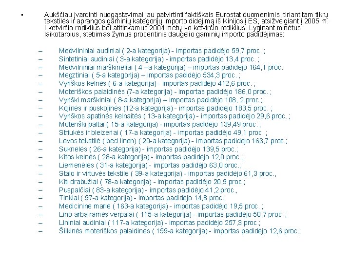  • Aukščiau įvardinti nuogąstavimai jau patvirtinti faktiškais Eurostat duomenimis, tiriant tam tikrų tekstilės