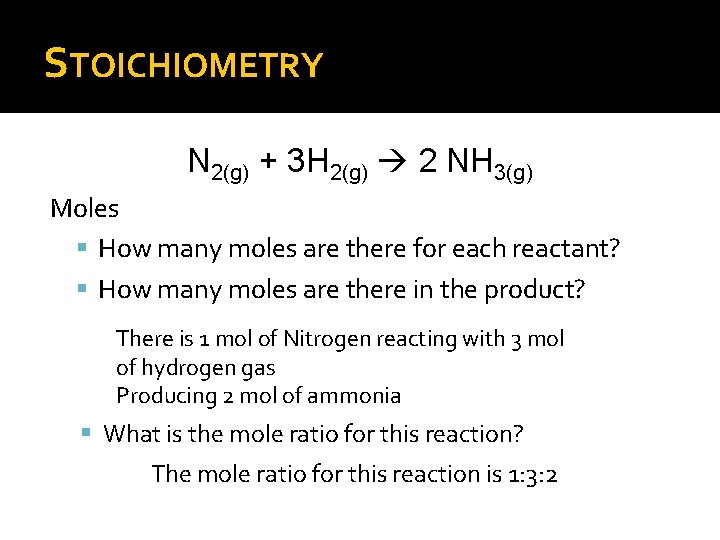 STOICHIOMETRY N 2(g) + 3 H 2(g) 2 NH 3(g) Moles How many moles