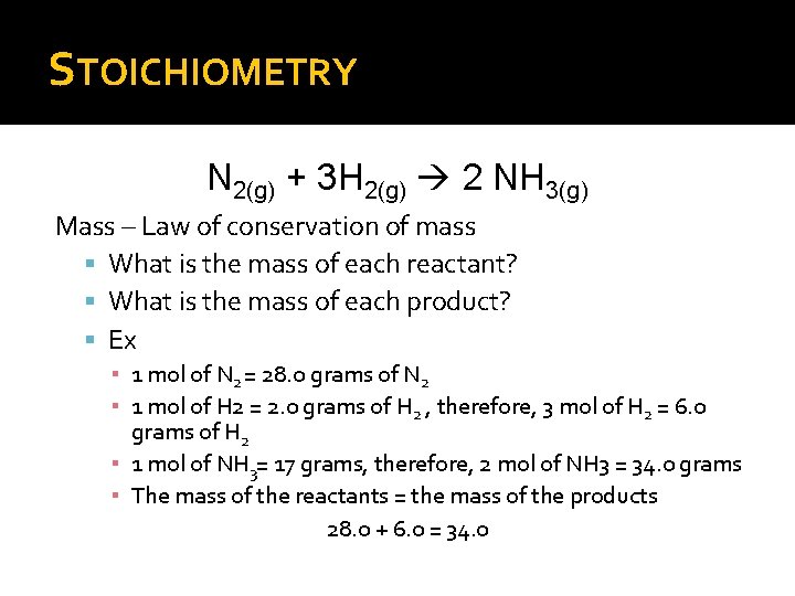 STOICHIOMETRY N 2(g) + 3 H 2(g) 2 NH 3(g) Mass – Law of