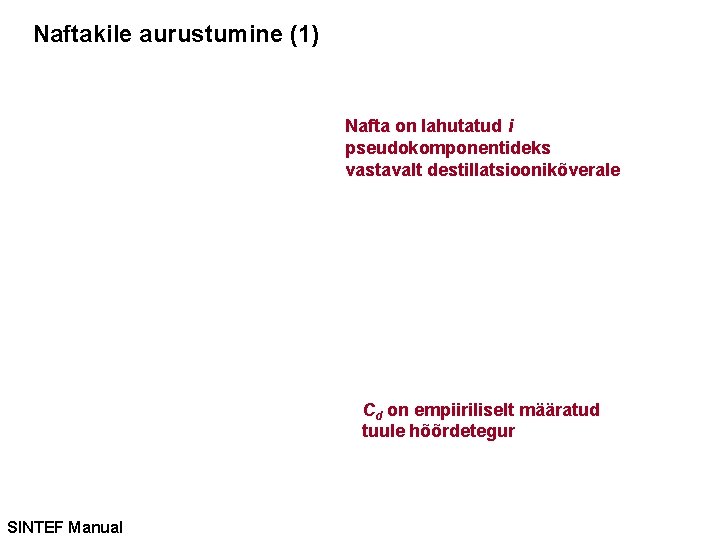 Naftakile aurustumine (1) Nafta on lahutatud i pseudokomponentideks vastavalt destillatsioonikõverale Cd on empiiriliselt määratud