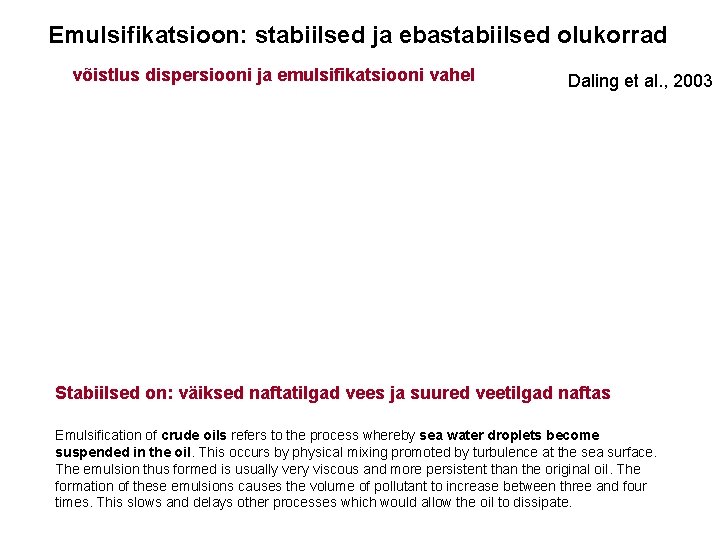 Emulsifikatsioon: stabiilsed ja ebastabiilsed olukorrad võistlus dispersiooni ja emulsifikatsiooni vahel Daling et al. ,