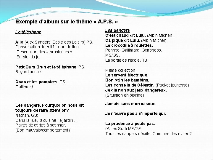 Exemple d’album sur le thème « A. P. S. » Le téléphone Allo (Alex