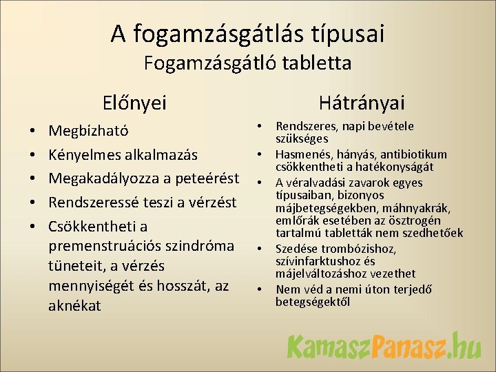 A fogamzásgátlás típusai Fogamzásgátló tabletta Előnyei • • • Megbízható Kényelmes alkalmazás Megakadályozza a