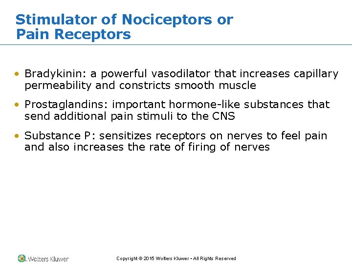 Stimulator of Nociceptors or Pain Receptors • Bradykinin: a powerful vasodilator that increases capillary Stimulator of Nociceptors or Pain Receptors • Bradykinin: a powerful vasodilator that increases capillary