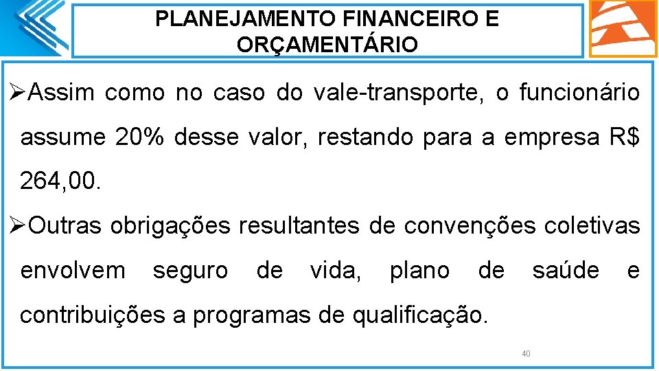 PLANEJAMENTO FINANCEIRO E ORÇAMENTÁRIO ØAssim como no caso do vale-transporte, o funcionário assume 20%