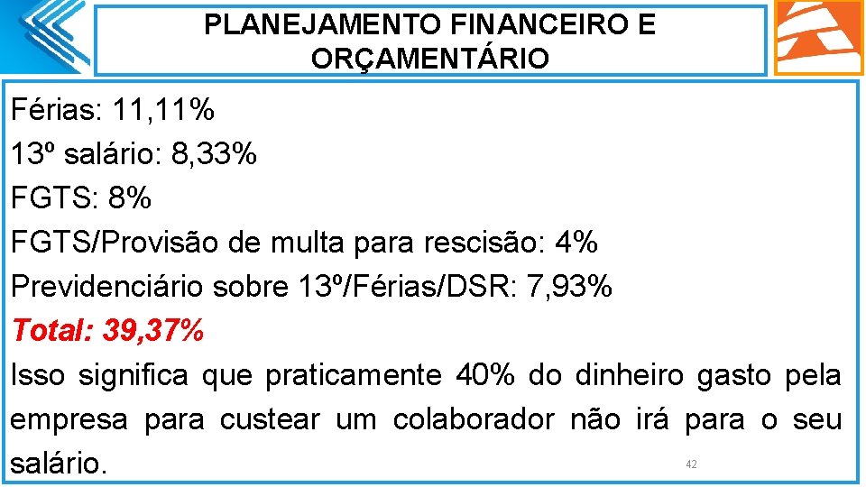 PLANEJAMENTO FINANCEIRO E ORÇAMENTÁRIO Férias: 11, 11% 13º salário: 8, 33% FGTS: 8% FGTS/Provisão