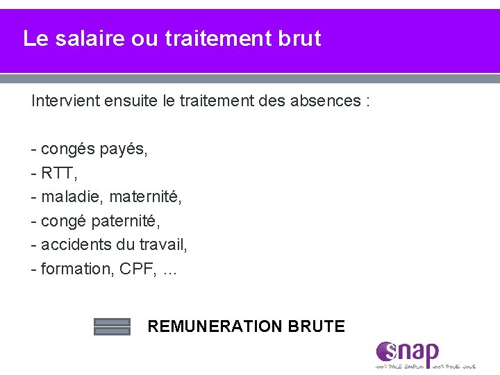 Le salaire ou traitement brut Intervient ensuite le traitement des absences : - congés