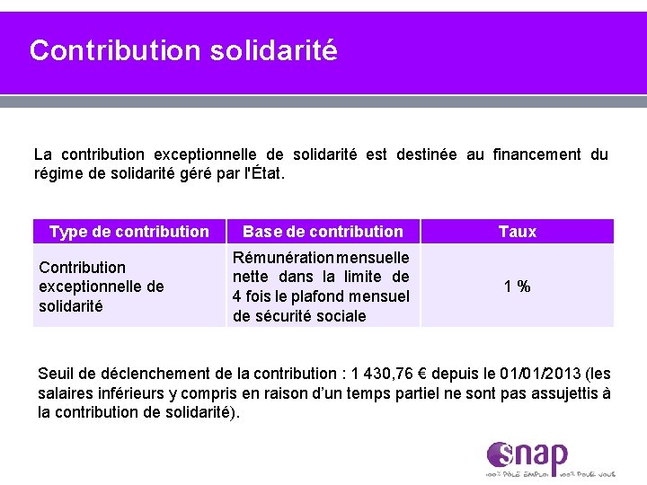 Contribution solidarité La contribution exceptionnelle de solidarité est destinée au financement du régime de