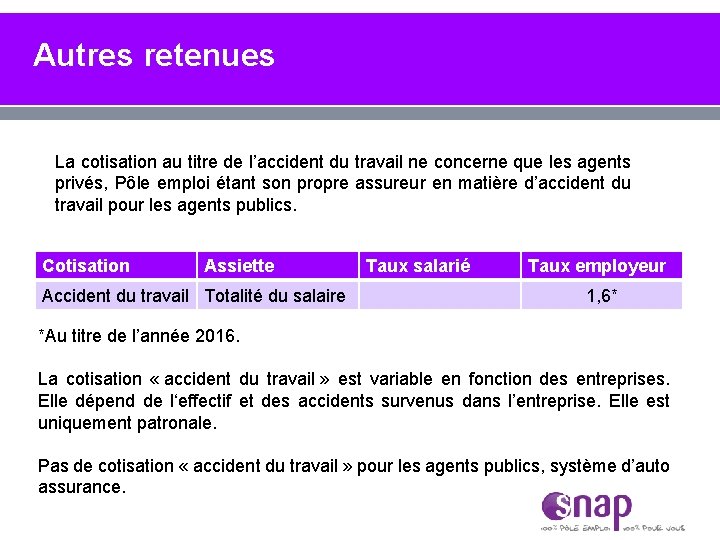 Autres retenues La cotisation au titre de l’accident du travail ne concerne que les