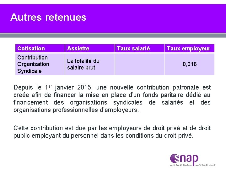 Autres retenues Cotisation Assiette Contribution Organisation Syndicale La totalité du salaire brut Taux salarié