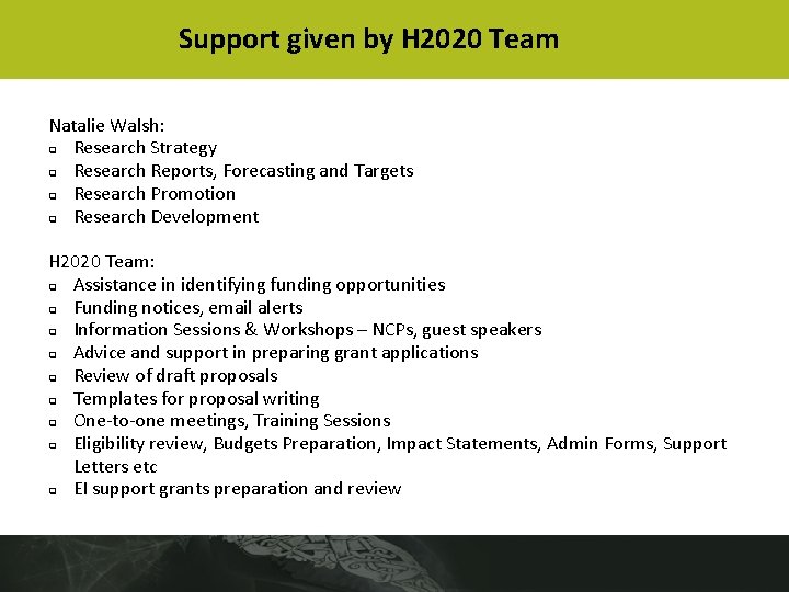 Support given by H 2020 Team Natalie Walsh: q Research Strategy q Research Reports,