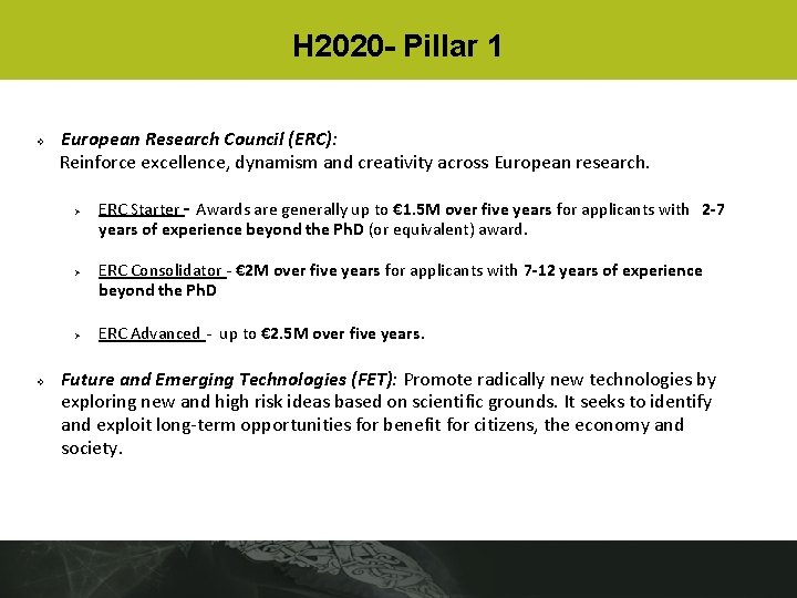 H 2020 - Pillar 1 European Research Council (ERC): Reinforce excellence, dynamism and creativity